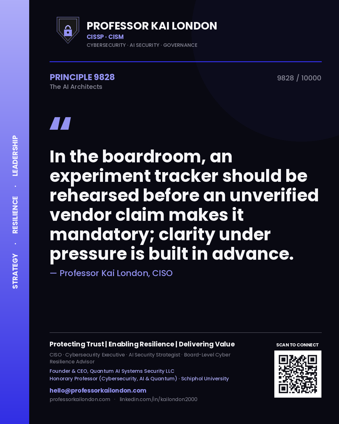 Quote card by Professor Kai London reading 'In the boardroom, an experiment tracker should be rehearsed before an unverified vendor claim makes it mandatory; clarity under pressure is built in advance.'. From the book The AI Architects.