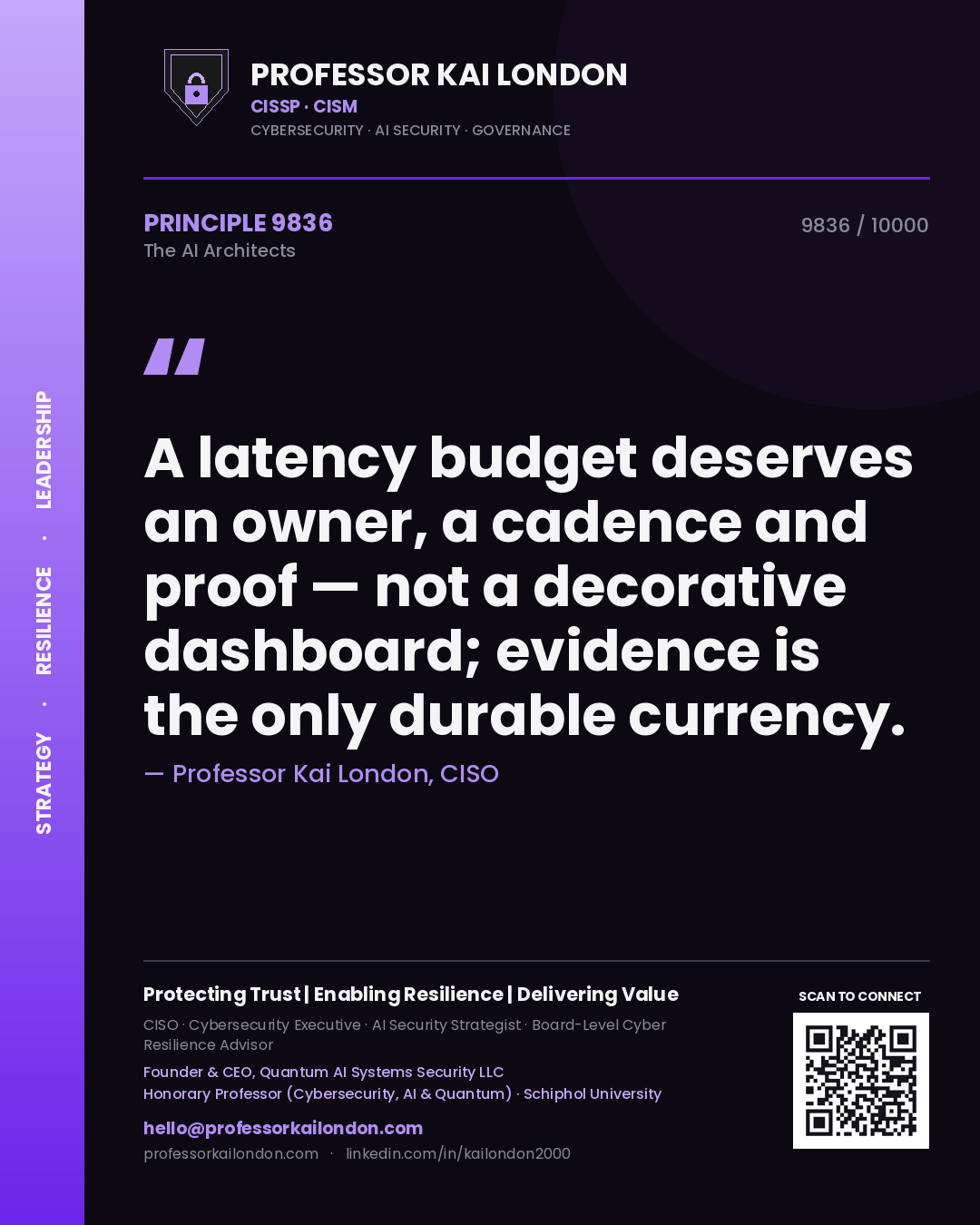 Quote card by Professor Kai London reading 'A latency budget deserves an owner, a cadence and proof — not a decorative dashboard; evidence is the only durable currency.'. From the book The AI Architects.