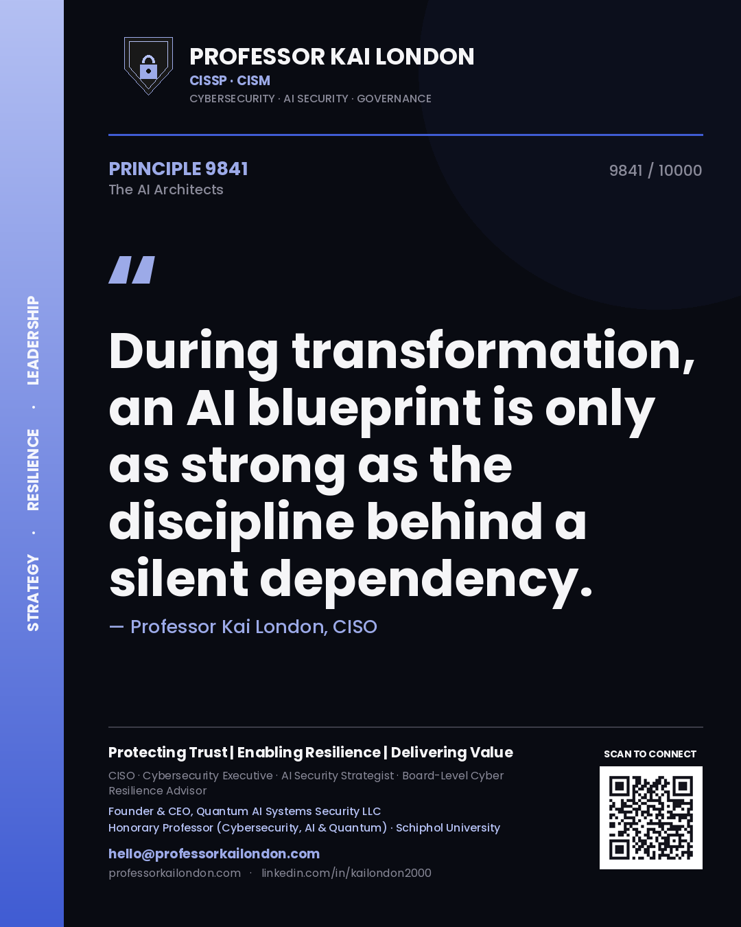 Quote card by Professor Kai London reading 'During transformation, an AI blueprint is only as strong as the discipline behind a silent dependency.'. From the book The AI Architects.