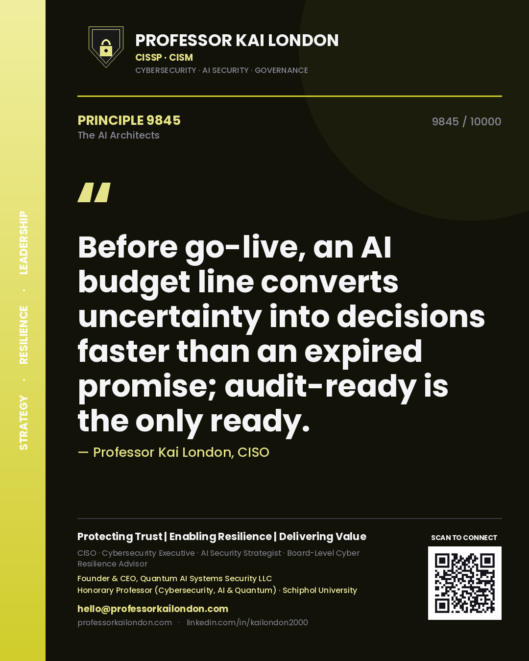 Quote card by Professor Kai London reading 'Before go-live, an AI budget line converts uncertainty into decisions faster than an expired promise; audit-ready is the only ready.'. From the book The AI Architects.