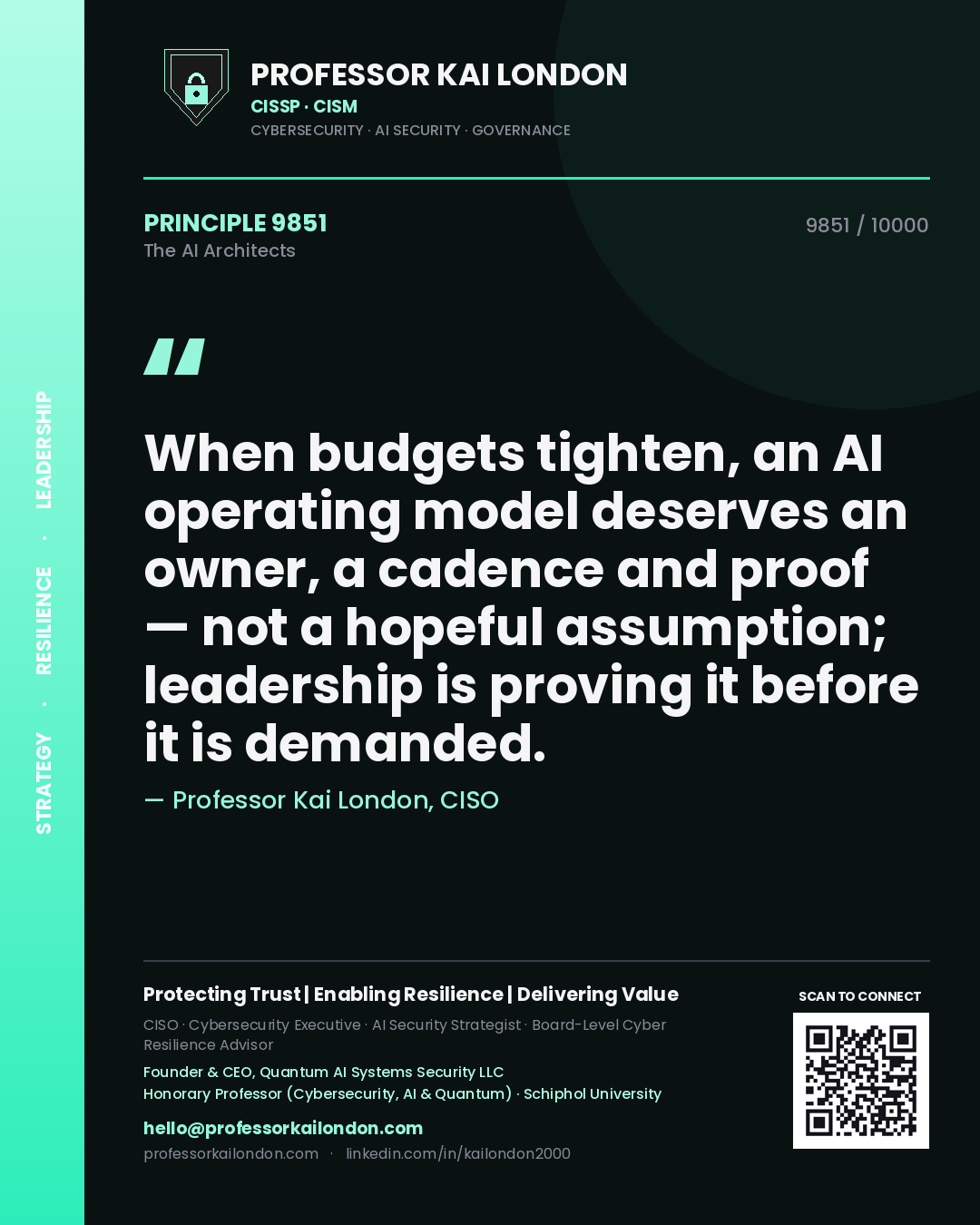 Quote card by Professor Kai London reading 'When budgets tighten, an AI operating model deserves an owner, a cadence and proof — not a hopeful assumption; leadership is proving it before it is demanded.'. From the book The AI Architects.