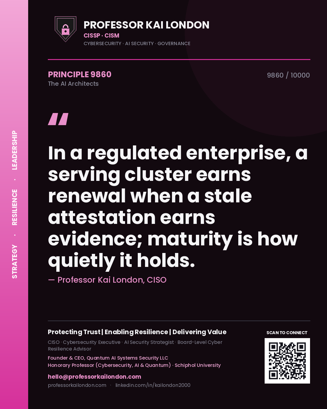 Quote card by Professor Kai London reading 'In a regulated enterprise, a serving cluster earns renewal when a stale attestation earns evidence; maturity is how quietly it holds.'. From the book The AI Architects.