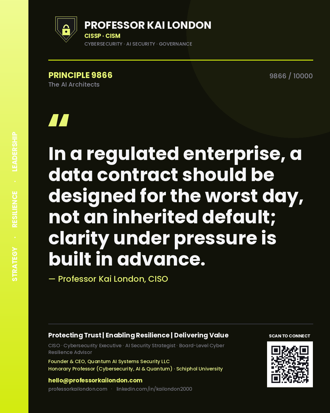 Quote card by Professor Kai London reading 'In a regulated enterprise, a data contract should be designed for the worst day, not an inherited default; clarity under pressure is built in advance.'. From the book The AI Architects.