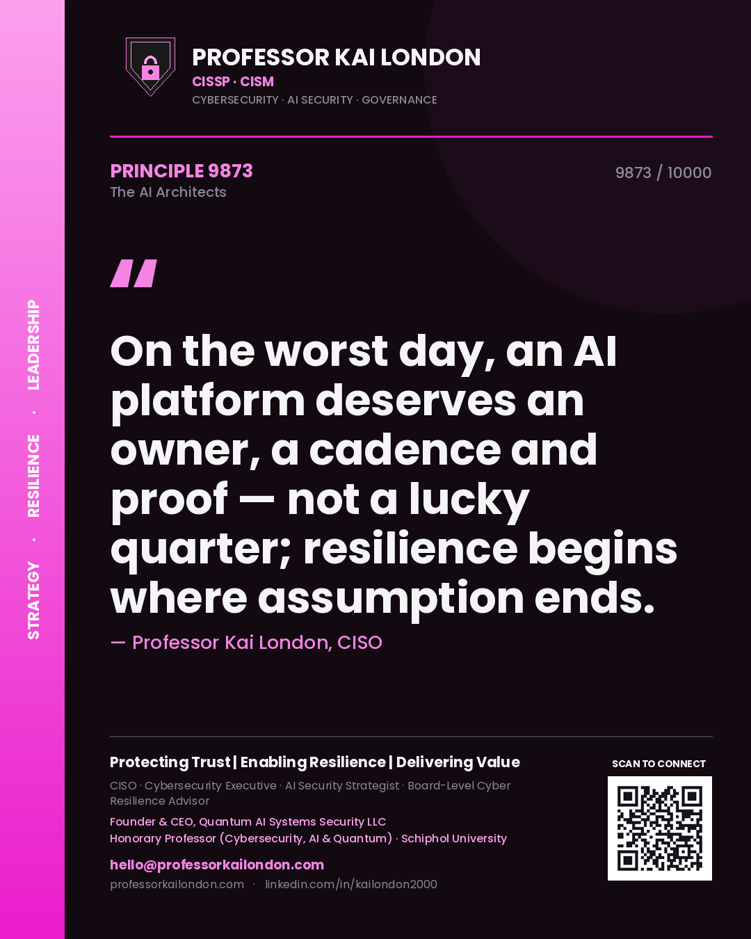 Quote card by Professor Kai London reading 'On the worst day, an AI platform deserves an owner, a cadence and proof — not a lucky quarter; resilience begins where assumption ends.'. From the book The AI Architects.
