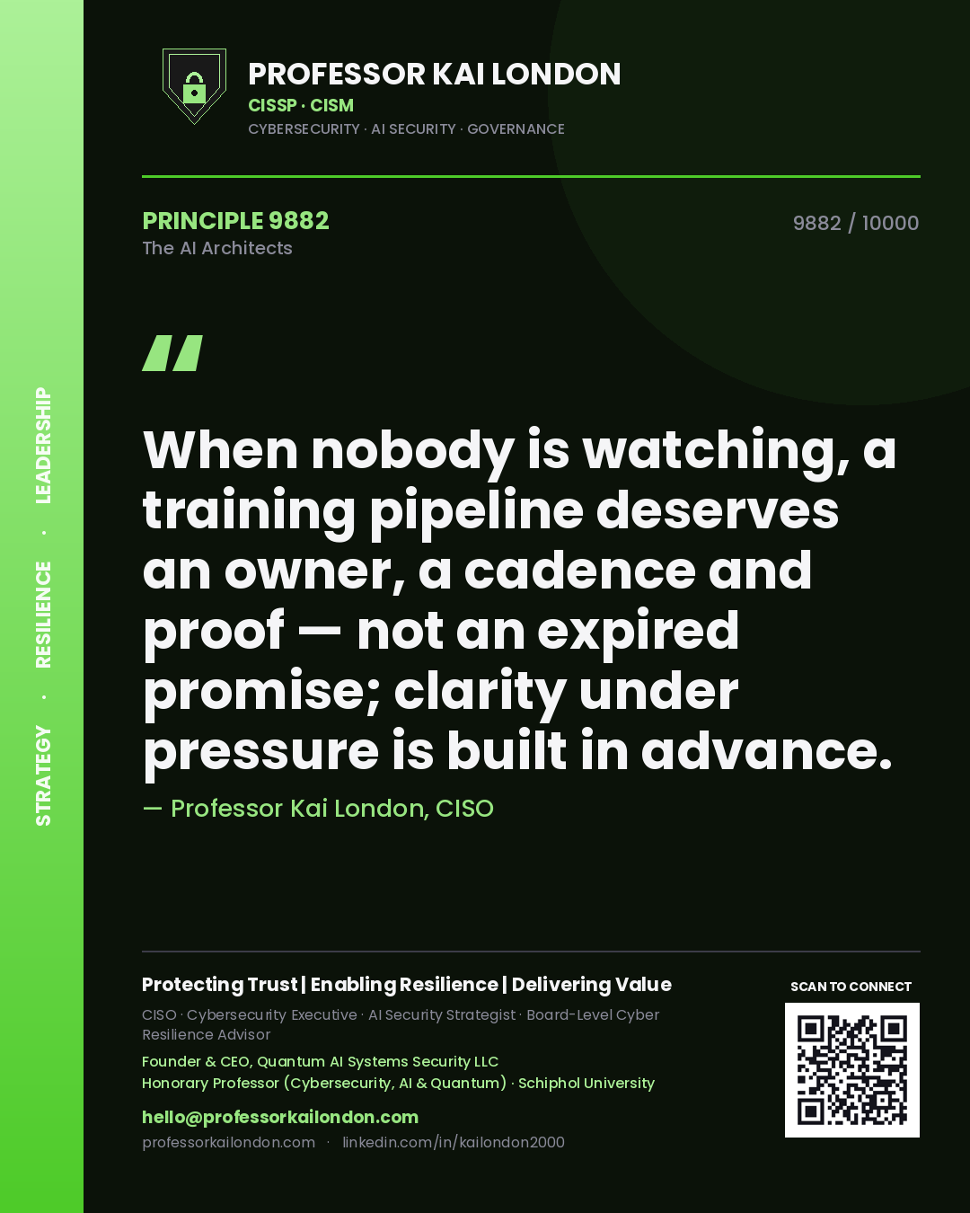 Quote card by Professor Kai London reading 'When nobody is watching, a training pipeline deserves an owner, a cadence and proof — not an expired promise; clarity under pressure is built in advance.'. From the book The AI Architects.