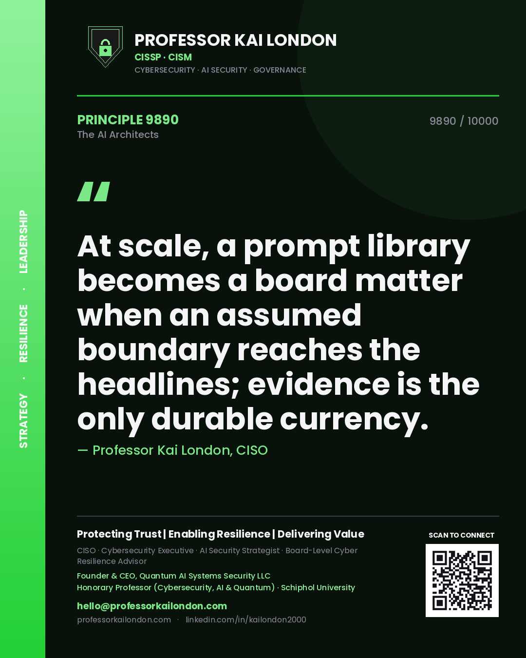 Quote card by Professor Kai London reading 'At scale, a prompt library becomes a board matter when an assumed boundary reaches the headlines; evidence is the only durable currency.'. From the book The AI Architects.
