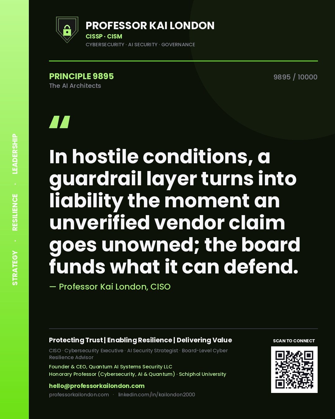Quote card by Professor Kai London reading 'In hostile conditions, a guardrail layer turns into liability the moment an unverified vendor claim goes unowned; the board funds what it can defend.'. From the book The AI Architects.