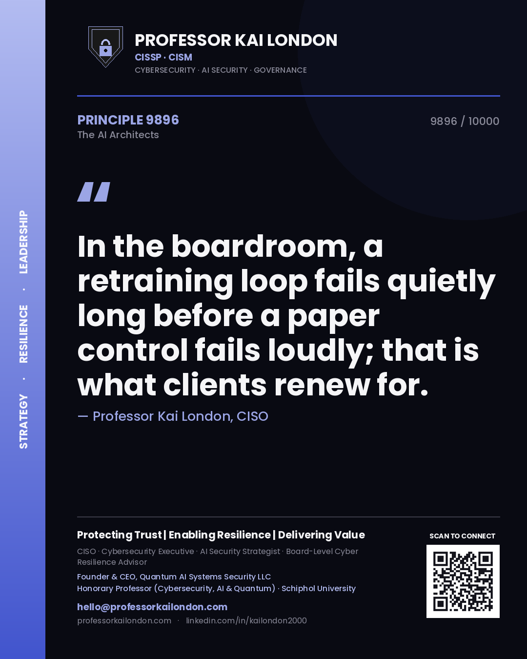 Quote card by Professor Kai London reading 'In the boardroom, a retraining loop fails quietly long before a paper control fails loudly; that is what clients renew for.'. From the book The AI Architects.