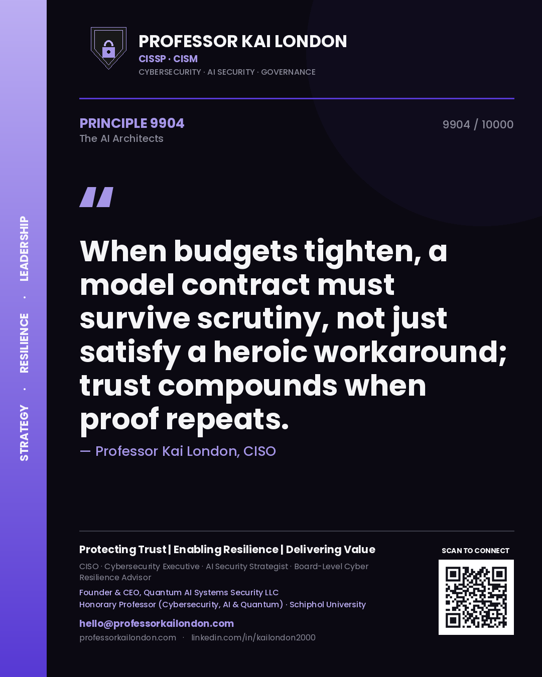 Quote card by Professor Kai London reading 'When budgets tighten, a model contract must survive scrutiny, not just satisfy a heroic workaround; trust compounds when proof repeats.'. From the book The AI Architects.