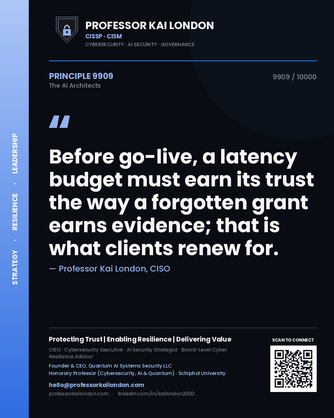 Quote card by Professor Kai London reading 'Before go-live, a latency budget must earn its trust the way a forgotten grant earns evidence; that is what clients renew for.'. From the book The AI Architects.