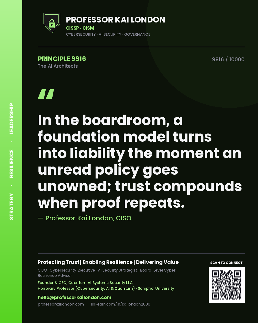 Quote card by Professor Kai London reading 'In the boardroom, a foundation model turns into liability the moment an unread policy goes unowned; trust compounds when proof repeats.'. From the book The AI Architects.