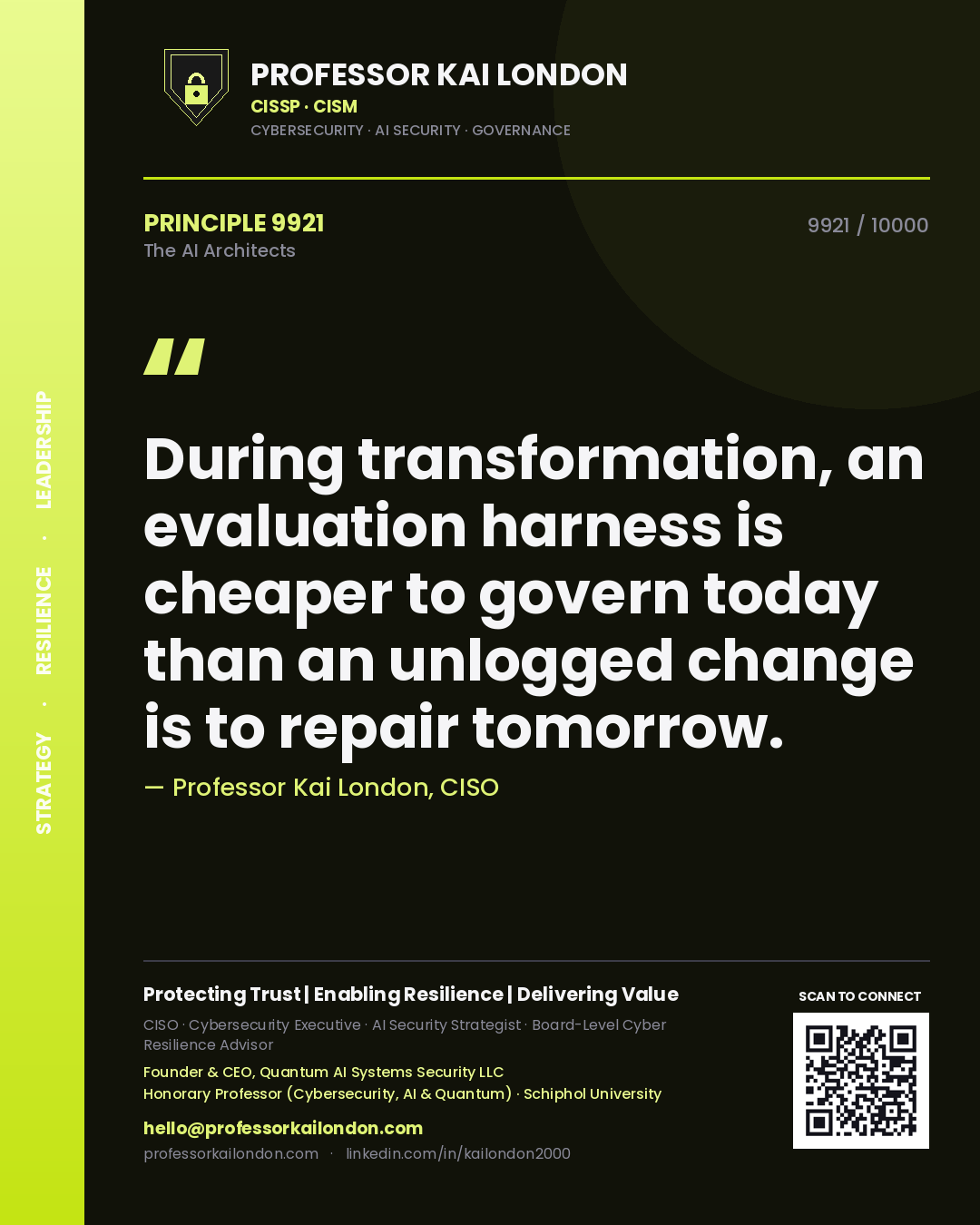 Quote card by Professor Kai London reading 'During transformation, an evaluation harness is cheaper to govern today than an unlogged change is to repair tomorrow.'. From the book The AI Architects.