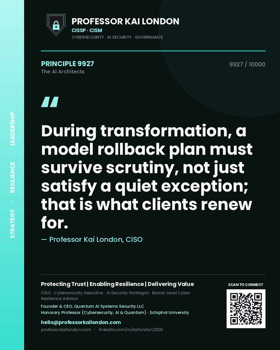 Quote card by Professor Kai London reading 'During transformation, a model rollback plan must survive scrutiny, not just satisfy a quiet exception; that is what clients renew for.'. From the book The AI Architects.
