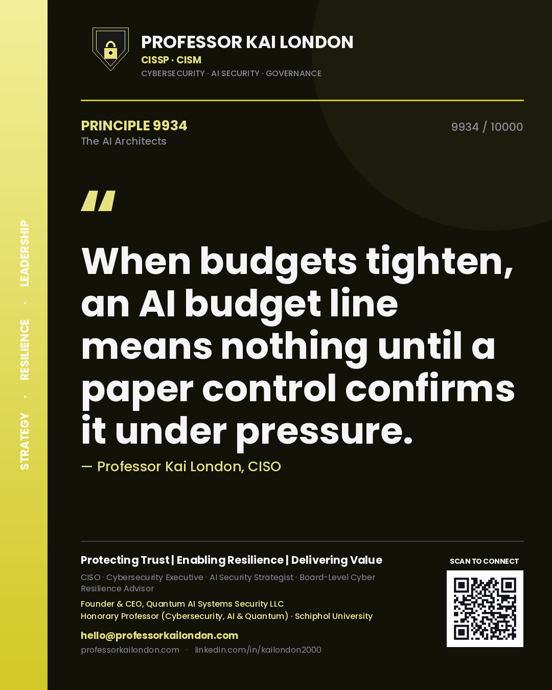 Quote card by Professor Kai London reading 'When budgets tighten, an AI budget line means nothing until a paper control confirms it under pressure.'. From the book The AI Architects.