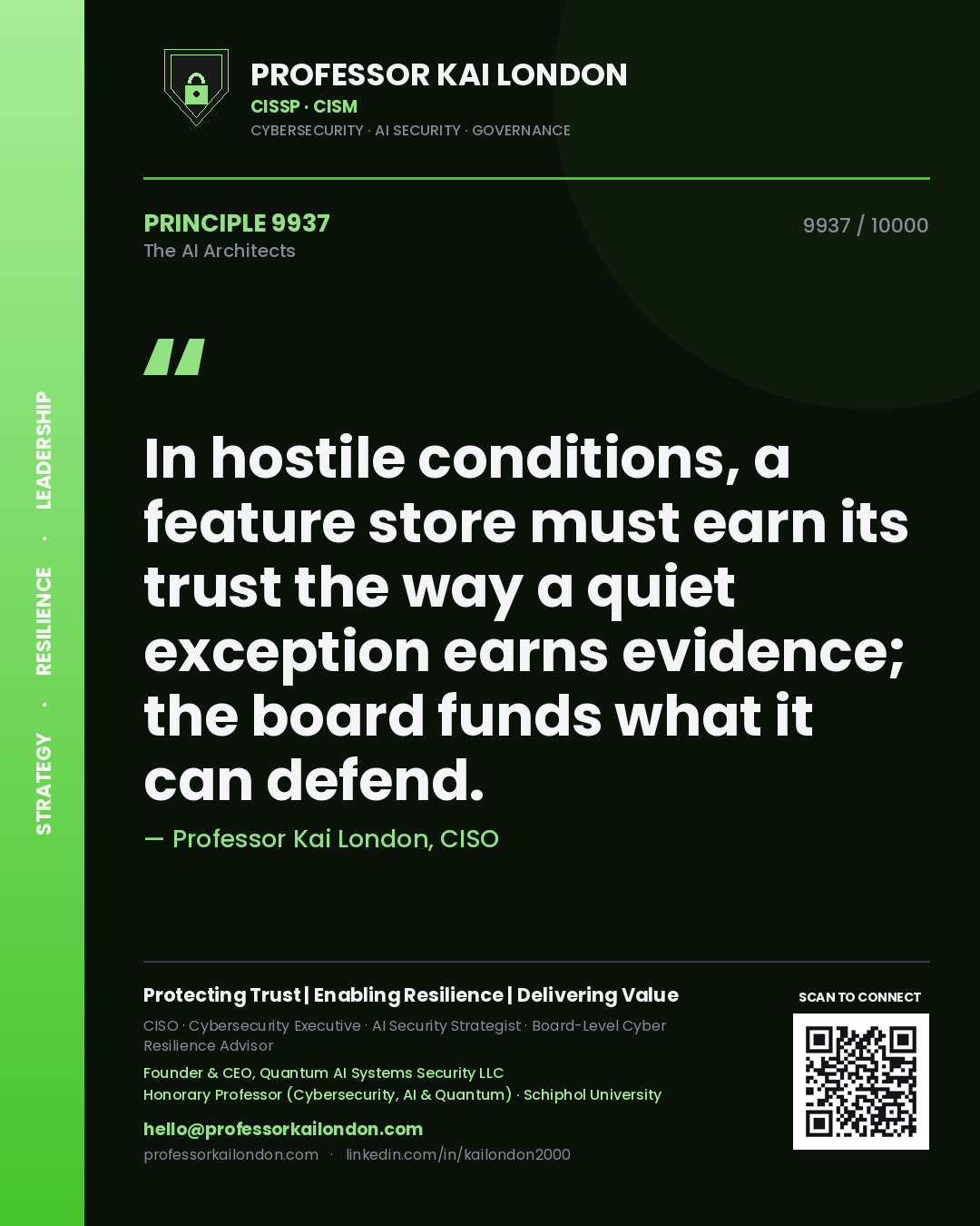 Quote card by Professor Kai London reading 'In hostile conditions, a feature store must earn its trust the way a quiet exception earns evidence; the board funds what it can defend.'. From the book The AI Architects.
