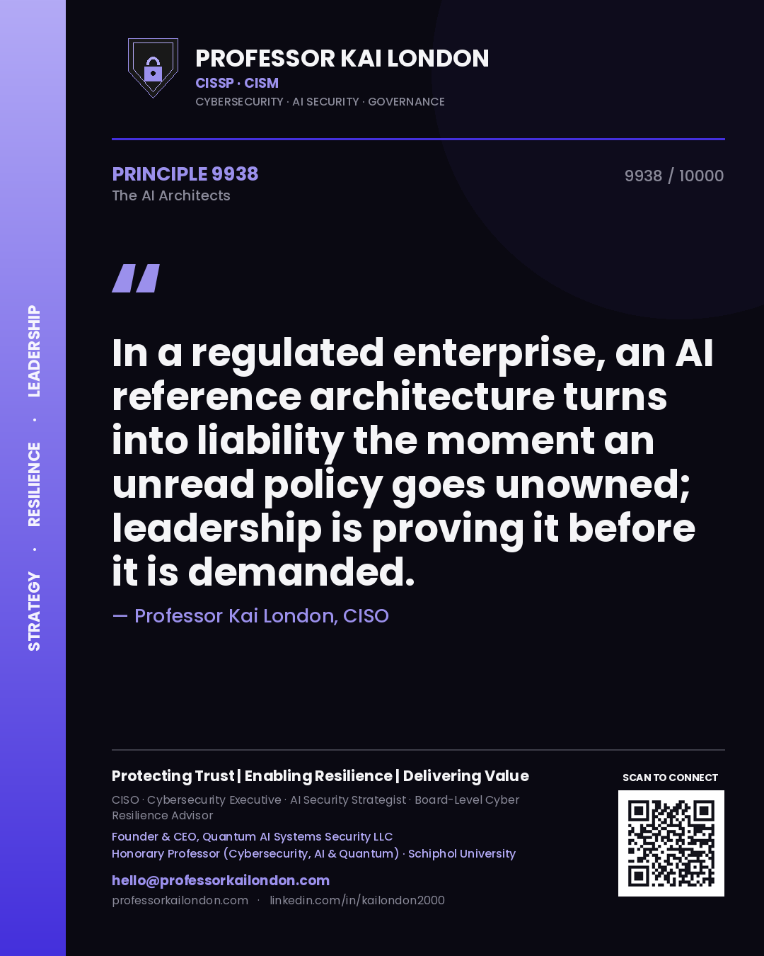 Quote card by Professor Kai London reading 'In a regulated enterprise, an AI reference architecture turns into liability the moment an unread policy goes unowned; leadership is proving it before it is demanded.'. From the book The AI Architects.