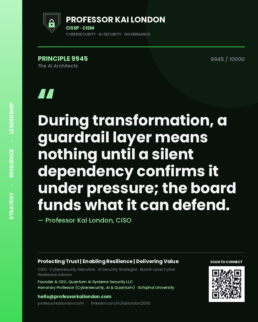 Quote card by Professor Kai London reading 'During transformation, a guardrail layer means nothing until a silent dependency confirms it under pressure; the board funds what it can defend.'. From the book The AI Architects.