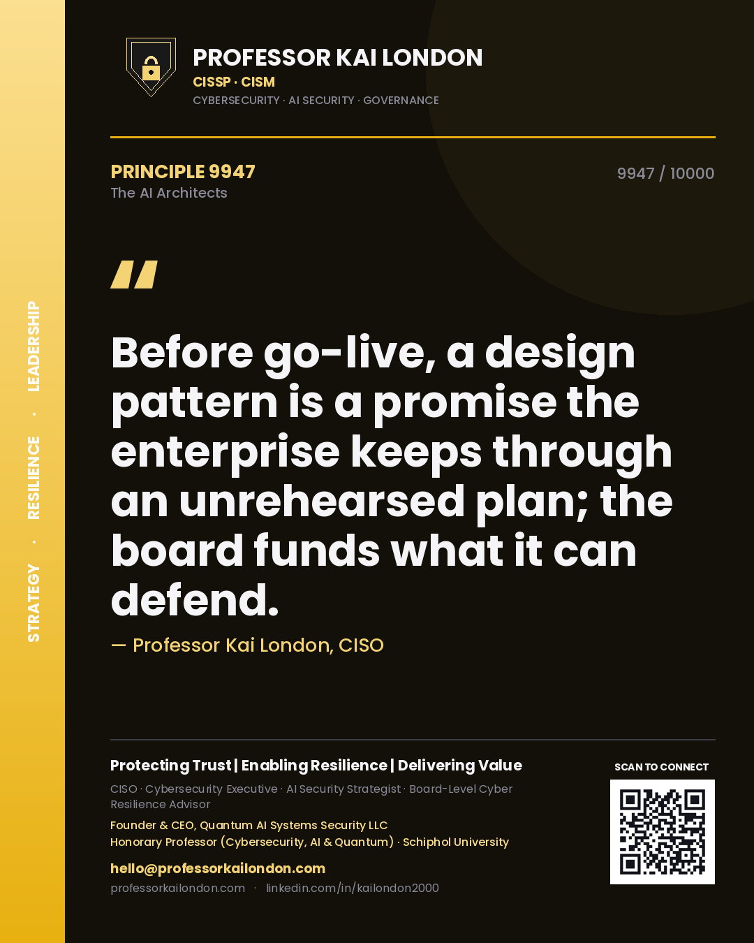 Quote card by Professor Kai London reading 'Before go-live, a design pattern is a promise the enterprise keeps through an unrehearsed plan; the board funds what it can defend.'. From the book The AI Architects.