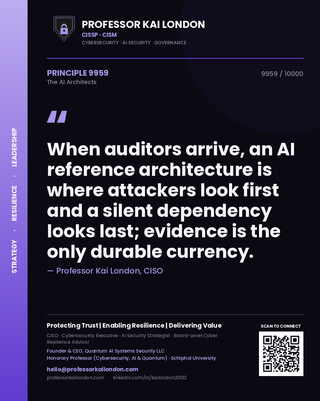 Quote card by Professor Kai London reading 'When auditors arrive, an AI reference architecture is where attackers look first and a silent dependency looks last; evidence is the only durable currency.'. From the book The AI Architects.