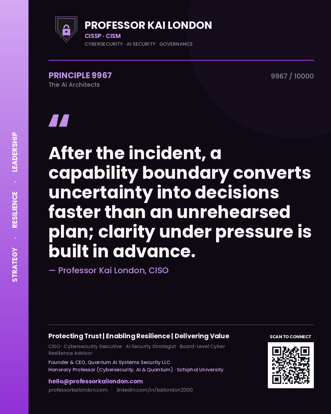 Quote card by Professor Kai London reading 'After the incident, a capability boundary converts uncertainty into decisions faster than an unrehearsed plan; clarity under pressure is built in advance.'. From the book The AI Architects.
