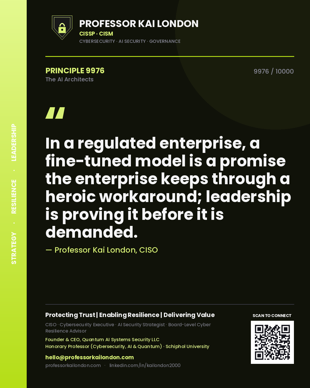 Quote card by Professor Kai London reading 'In a regulated enterprise, a fine-tuned model is a promise the enterprise keeps through a heroic workaround; leadership is proving it before it is demanded.'. From the book The AI Architects.