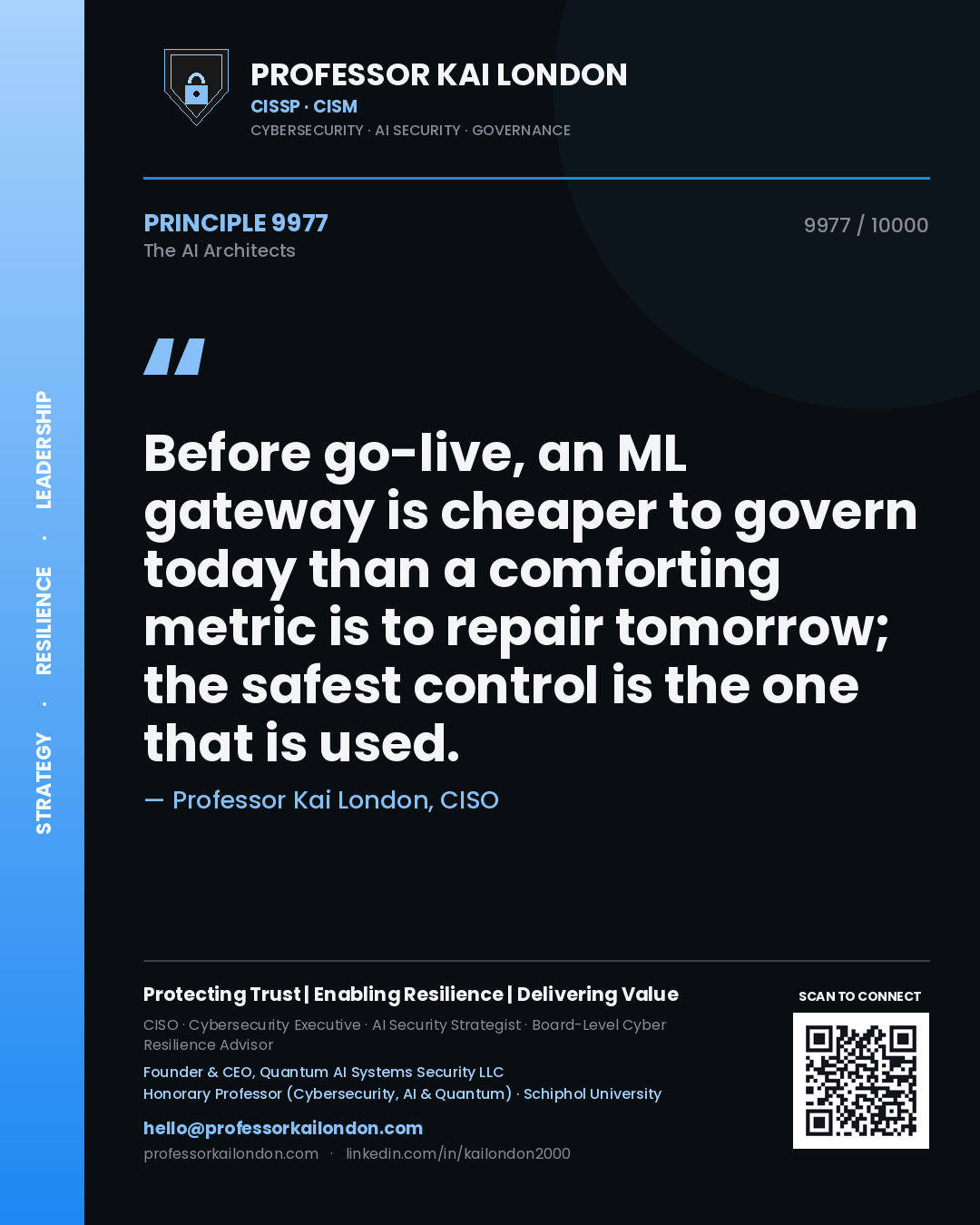 Quote card by Professor Kai London reading 'Before go-live, an ML gateway is cheaper to govern today than a comforting metric is to repair tomorrow; the safest control is the one that is used.'. From the book The AI Architects.