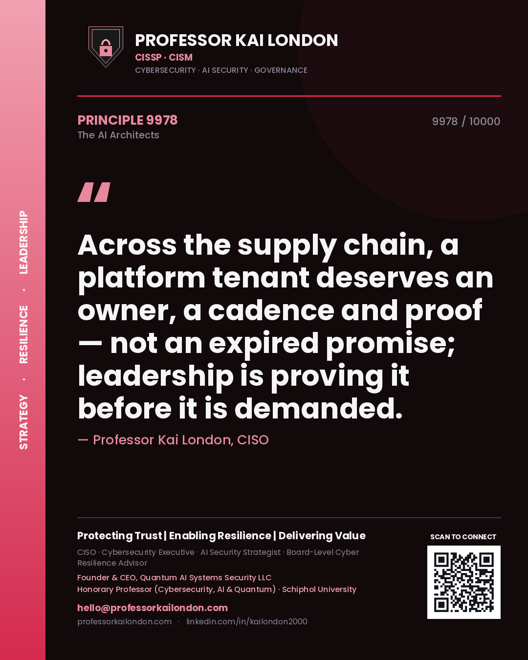 Quote card by Professor Kai London reading 'Across the supply chain, a platform tenant deserves an owner, a cadence and proof — not an expired promise; leadership is proving it before it is demanded.'. From the book The AI Architects.