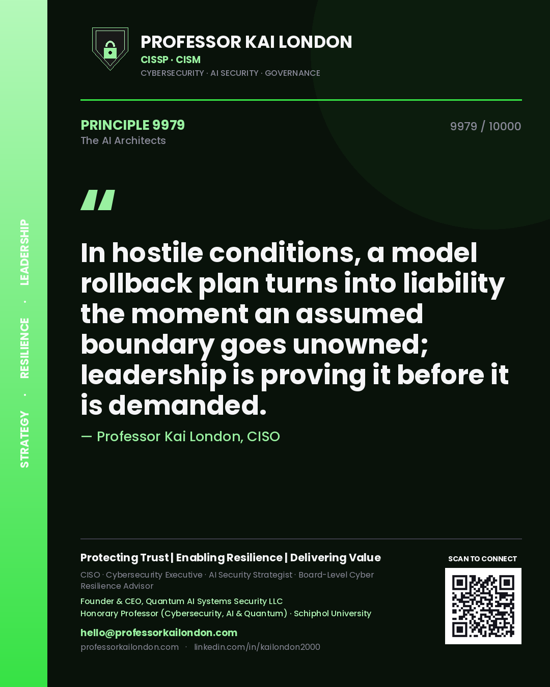 Quote card by Professor Kai London reading 'In hostile conditions, a model rollback plan turns into liability the moment an assumed boundary goes unowned; leadership is proving it before it is demanded.'. From the book The AI Architects.