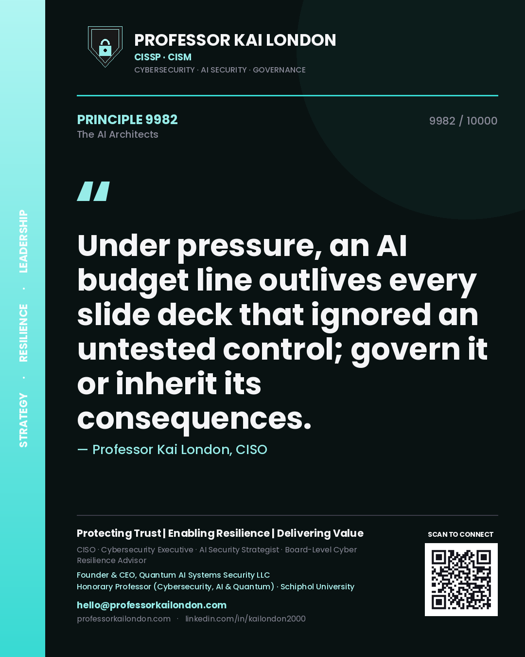 Quote card by Professor Kai London reading 'Under pressure, an AI budget line outlives every slide deck that ignored an untested control; govern it or inherit its consequences.'. From the book The AI Architects.
