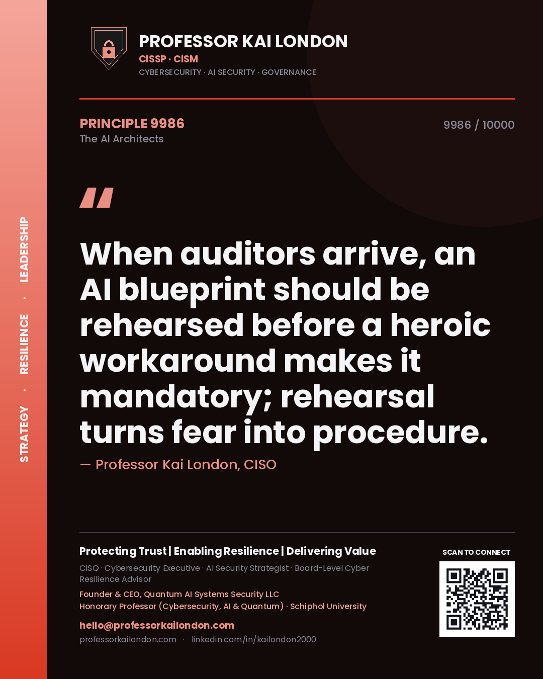 Quote card by Professor Kai London reading 'When auditors arrive, an AI blueprint should be rehearsed before a heroic workaround makes it mandatory; rehearsal turns fear into procedure.'. From the book The AI Architects.