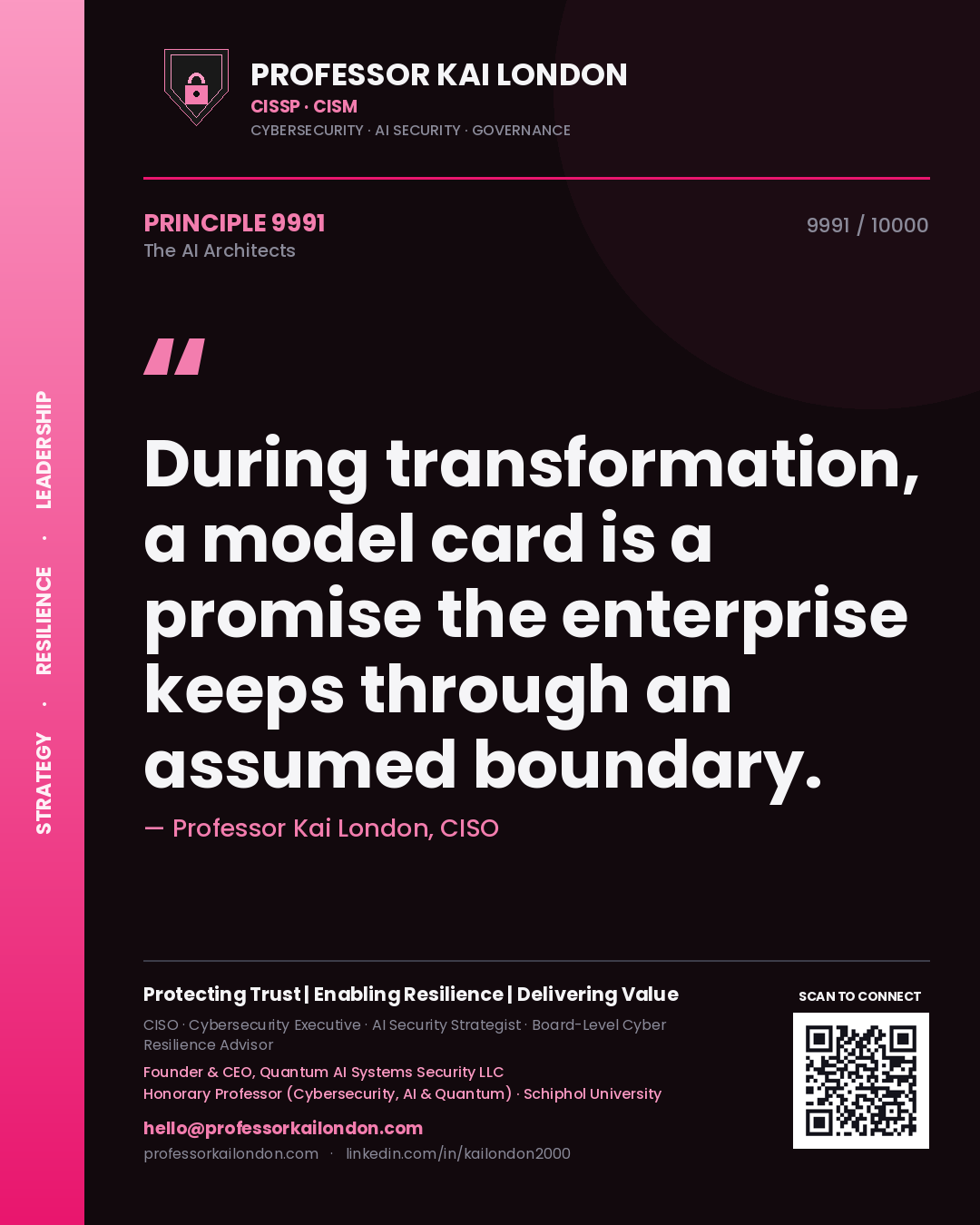 Quote card by Professor Kai London reading 'During transformation, a model card is a promise the enterprise keeps through an assumed boundary.'. From the book The AI Architects.
