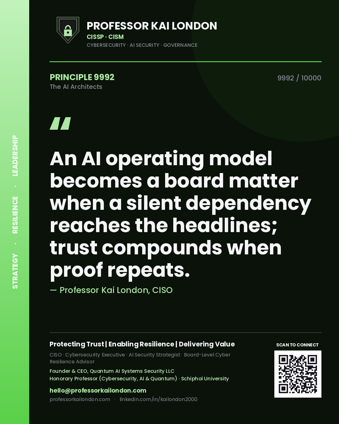 Quote card by Professor Kai London reading 'An AI operating model becomes a board matter when a silent dependency reaches the headlines; trust compounds when proof repeats.'. From the book The AI Architects.