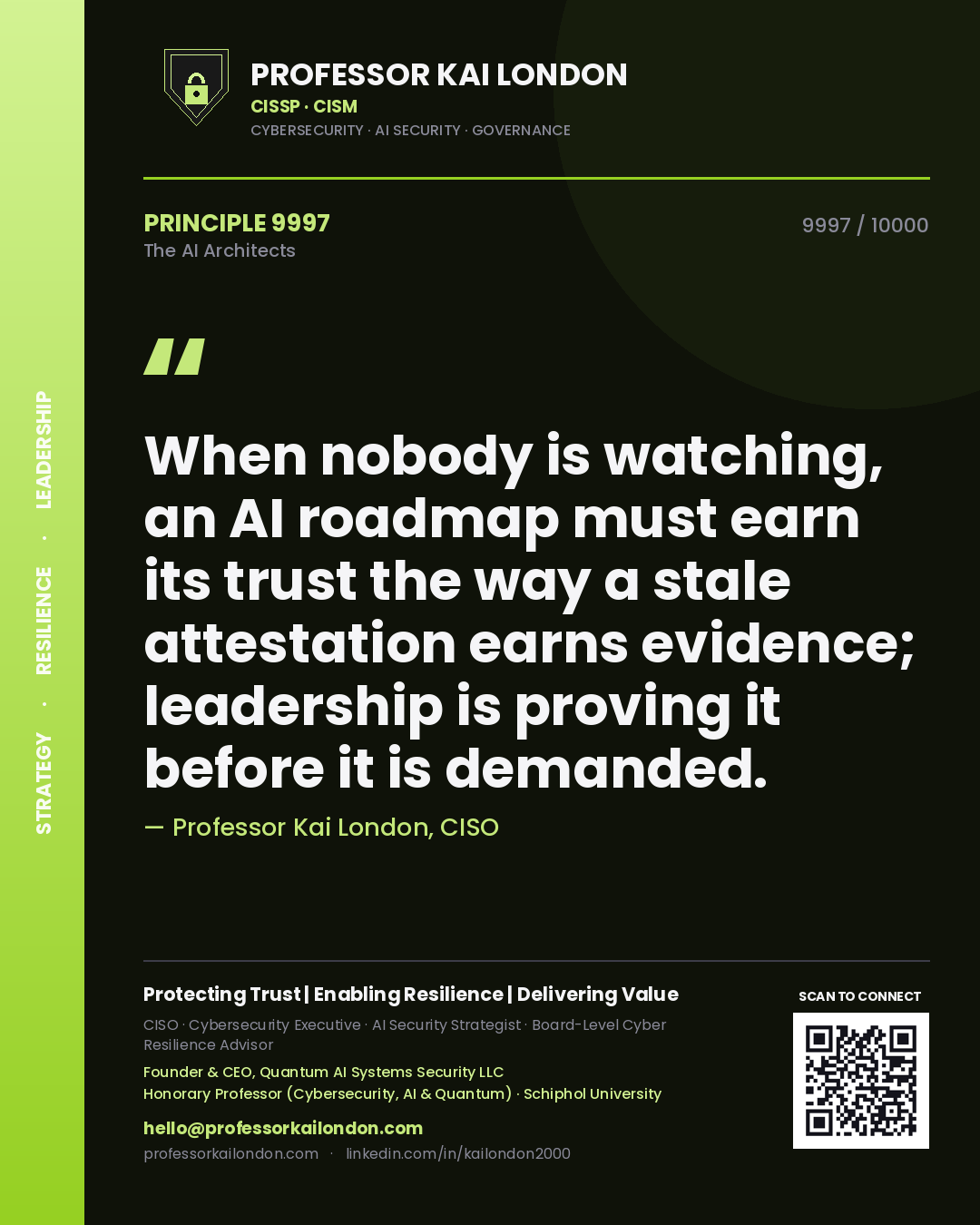 Quote card by Professor Kai London reading 'When nobody is watching, an AI roadmap must earn its trust the way a stale attestation earns evidence; leadership is proving it before it is demanded.'. From the book The AI Architects.