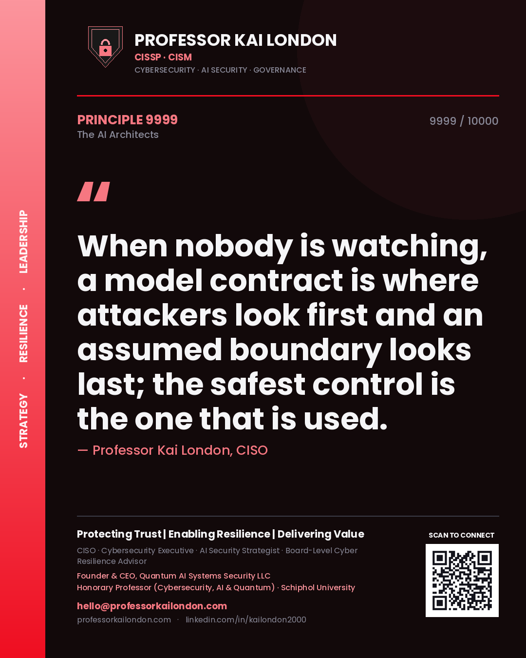 Quote card by Professor Kai London reading 'When nobody is watching, a model contract is where attackers look first and an assumed boundary looks last; the safest control is the one that is used.'. From the book The AI Architects.
