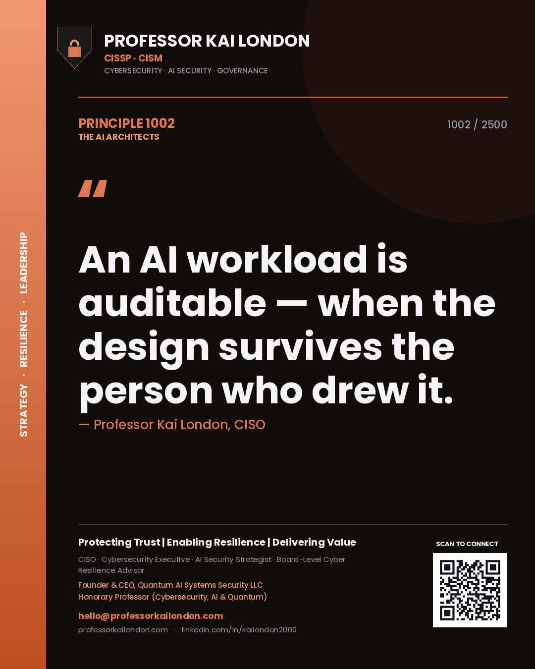 Quote card by Professor Kai London reading 'An AI workload is auditable — when the design survives the person who drew it.'. From the book The AI Architects.