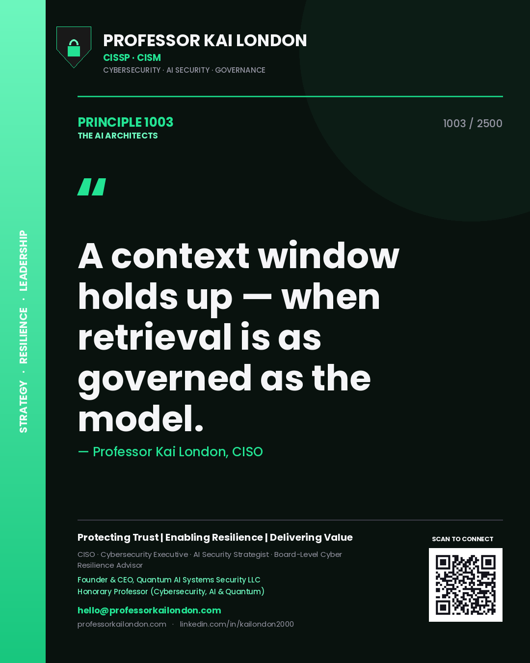 Quote card by Professor Kai London reading 'A context window holds up — when retrieval is as governed as the model.'. From the book The AI Architects.