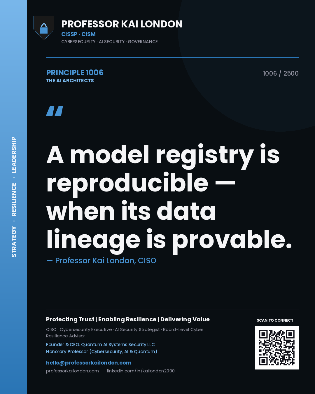 Quote card by Professor Kai London reading 'A model registry is reproducible — when its data lineage is provable.'. From the book The AI Architects.