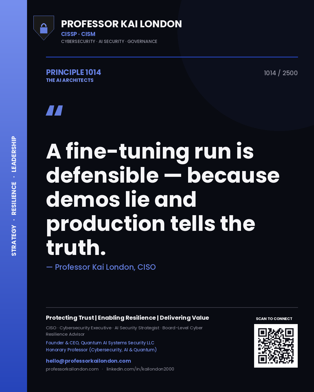 Professor Kai London principle 1014: A fine-tuning run is defensible — because demos lie and production tells the truth.