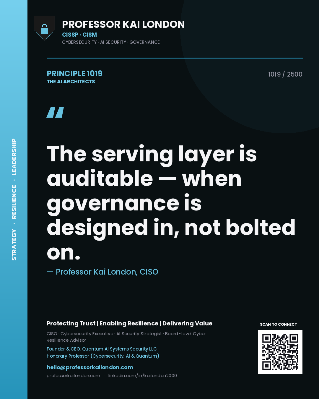 Quote card by Professor Kai London reading 'The serving layer is auditable — when governance is designed in, not bolted on.'. From the book The AI Architects.