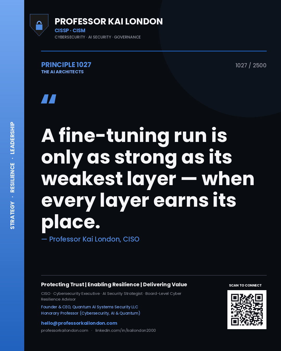 Quote card by Professor Kai London reading 'A fine-tuning run is only as strong as its weakest layer — when every layer earns its place.'. From the book The AI Architects.