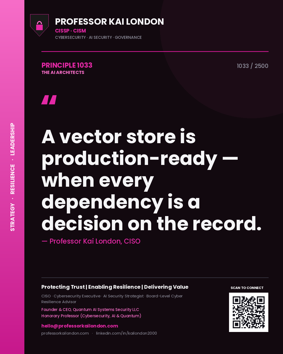 Quote card by Professor Kai London reading 'A vector store is production-ready — when every dependency is a decision on the record.'. From the book The AI Architects.