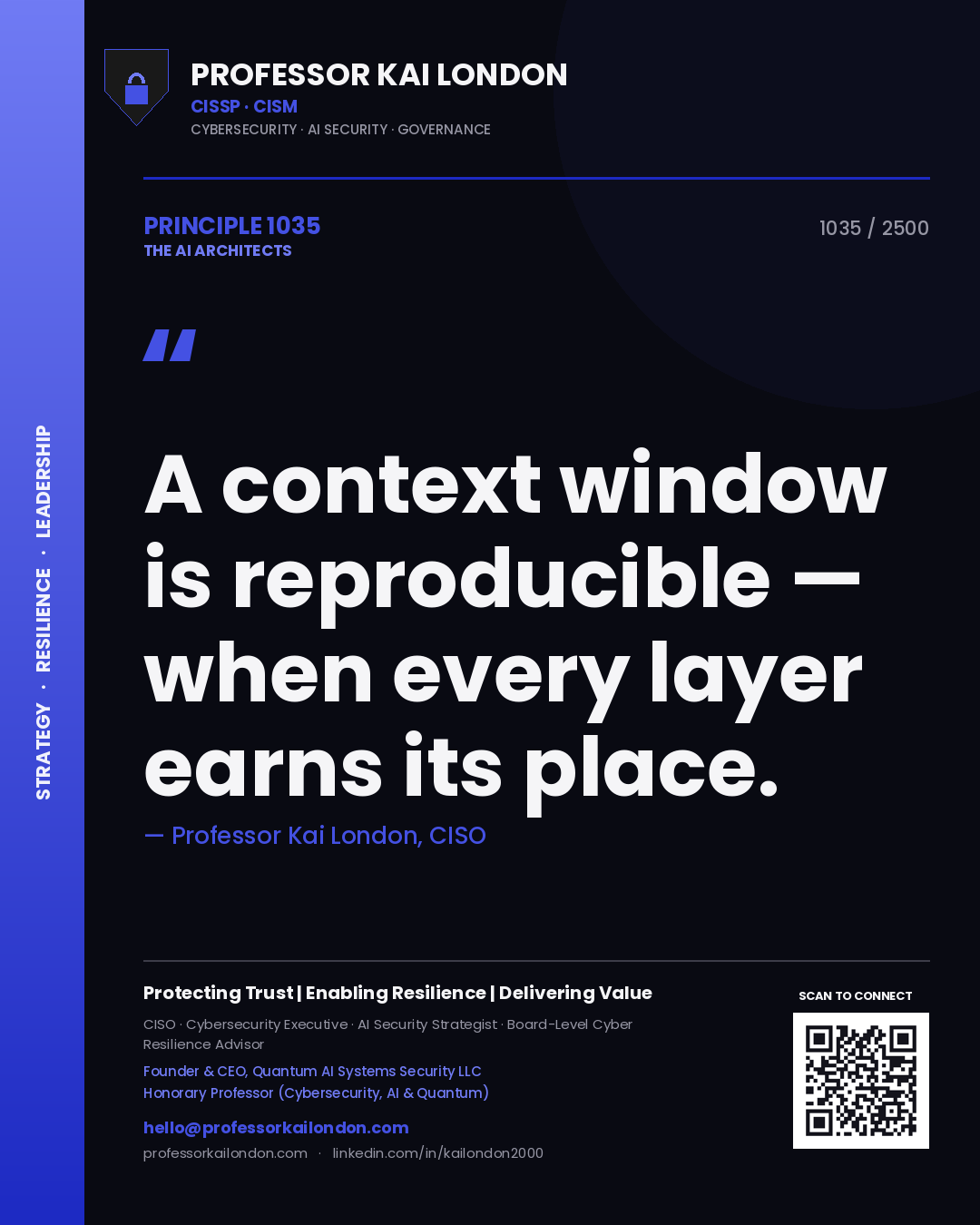 Quote card by Professor Kai London reading 'A context window is reproducible — when every layer earns its place.'. From the book The AI Architects.