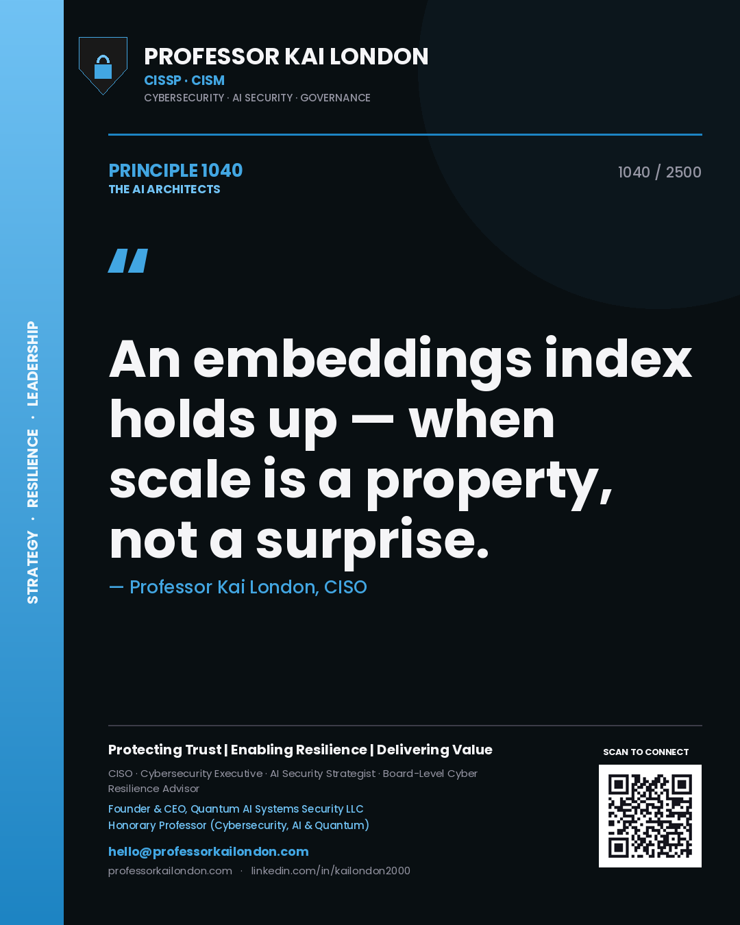 Quote card by Professor Kai London reading 'An embeddings index holds up — when scale is a property, not a surprise.'. From the book The AI Architects.