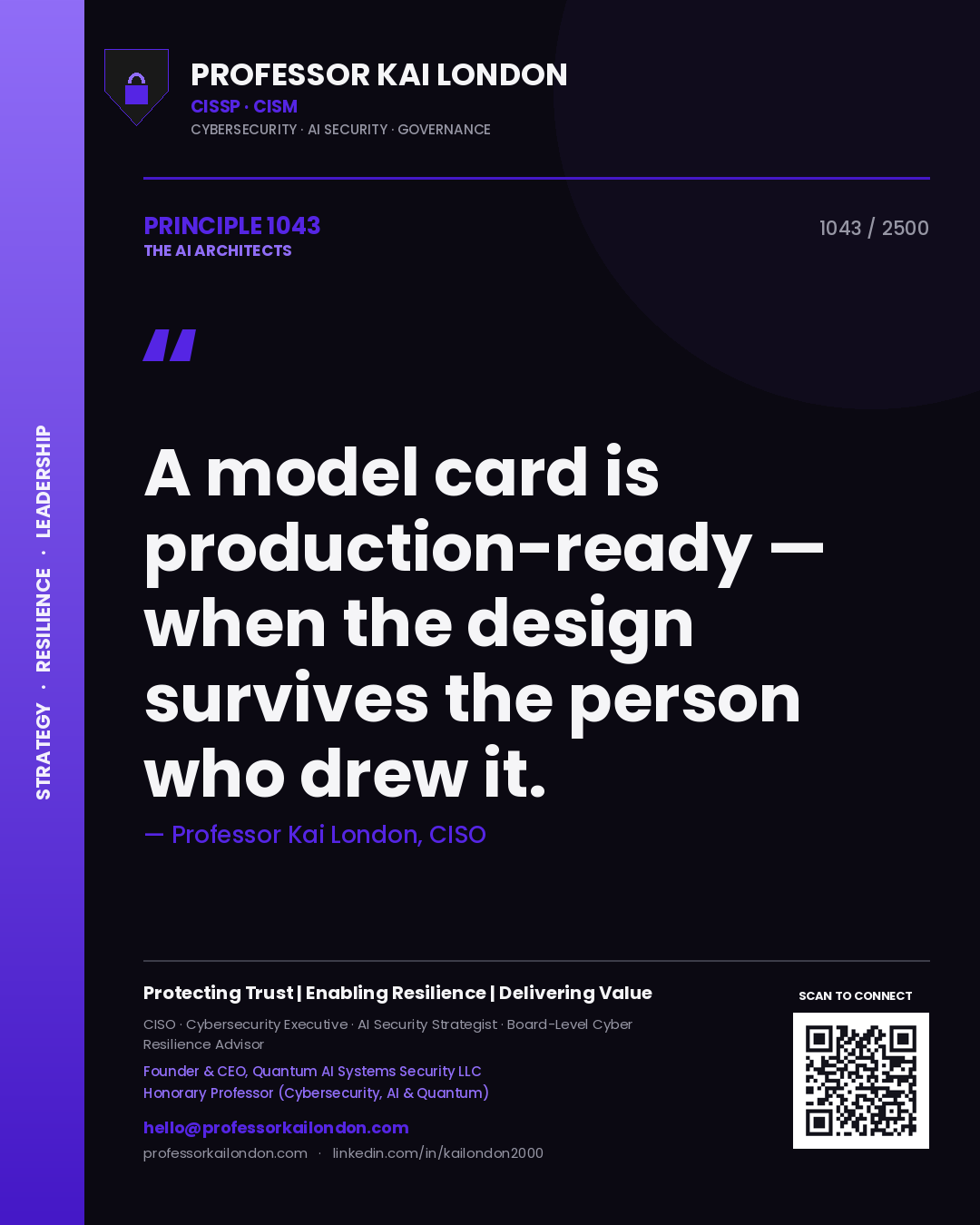 Quote card by Professor Kai London reading 'A model card is production-ready — when the design survives the person who drew it.'. From the book The AI Architects.