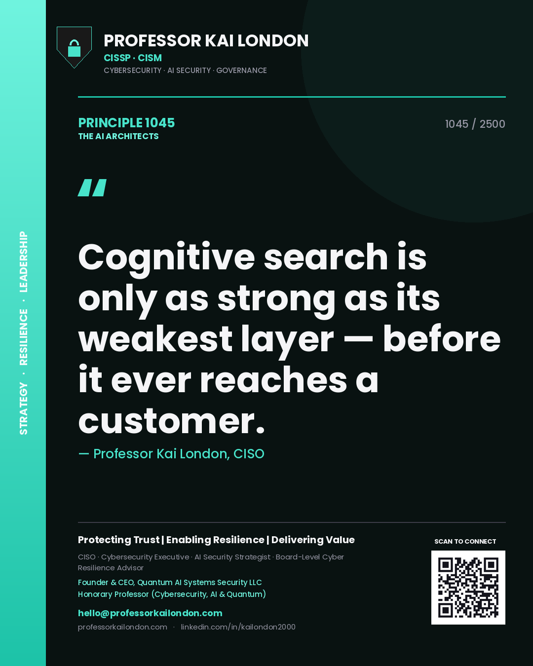 Quote card by Professor Kai London reading 'Cognitive search is only as strong as its weakest layer — before it ever reaches a customer.'. From the book The AI Architects.