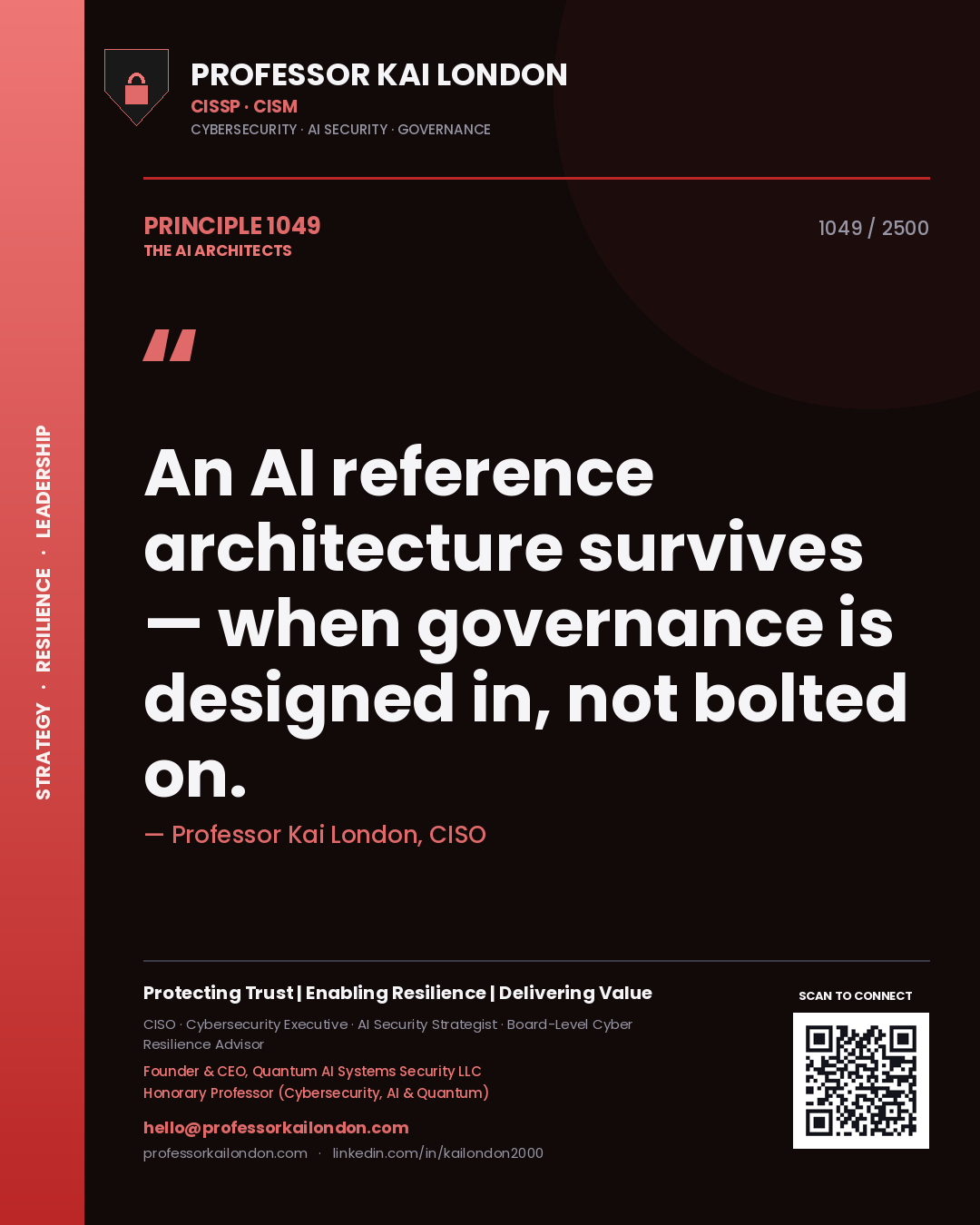 Quote card by Professor Kai London reading 'An AI reference architecture survives — when governance is designed in, not bolted on.'. From the book The AI Architects.