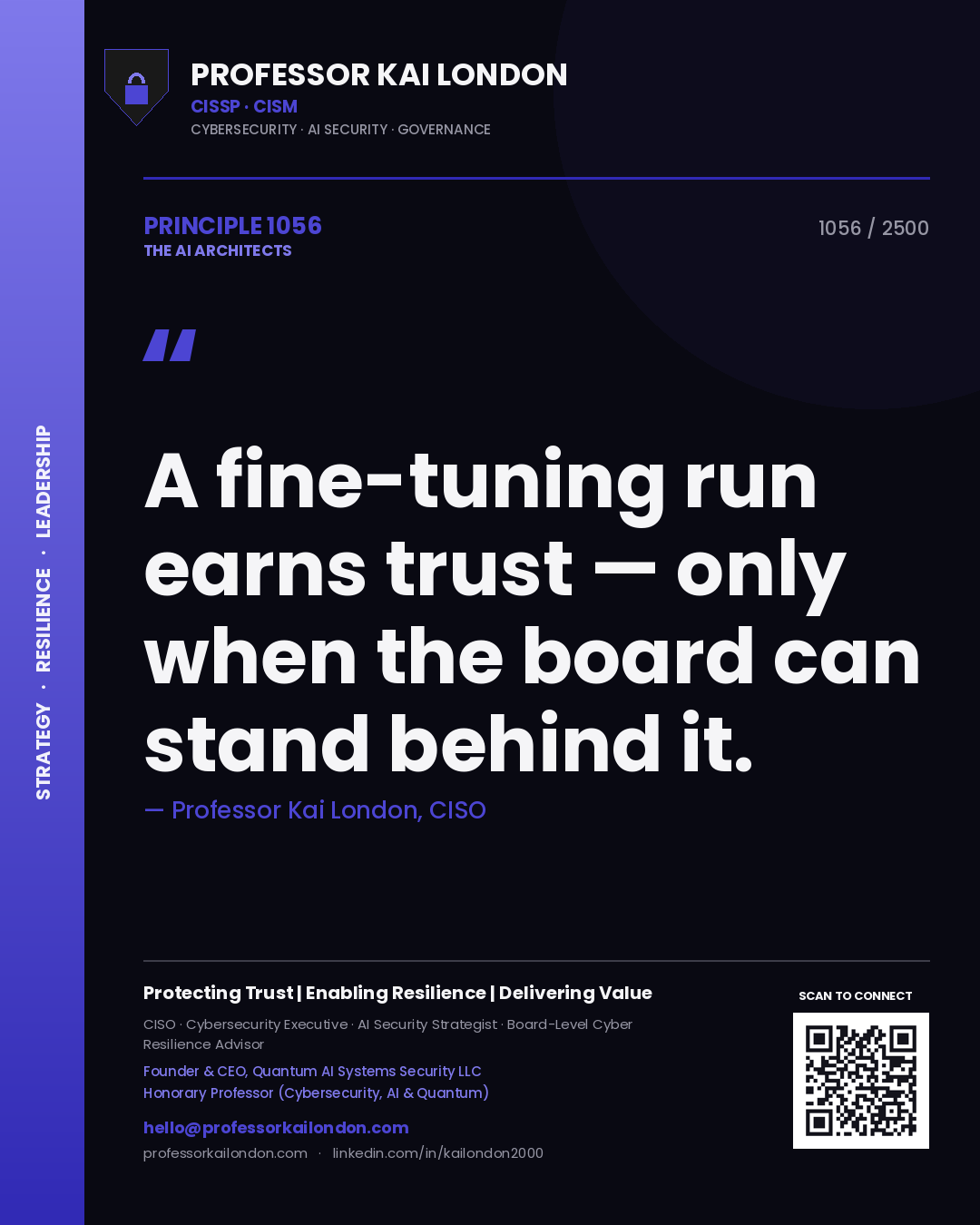 Quote card by Professor Kai London reading 'A fine-tuning run earns trust — only when the board can stand behind it.'. From the book The AI Architects.
