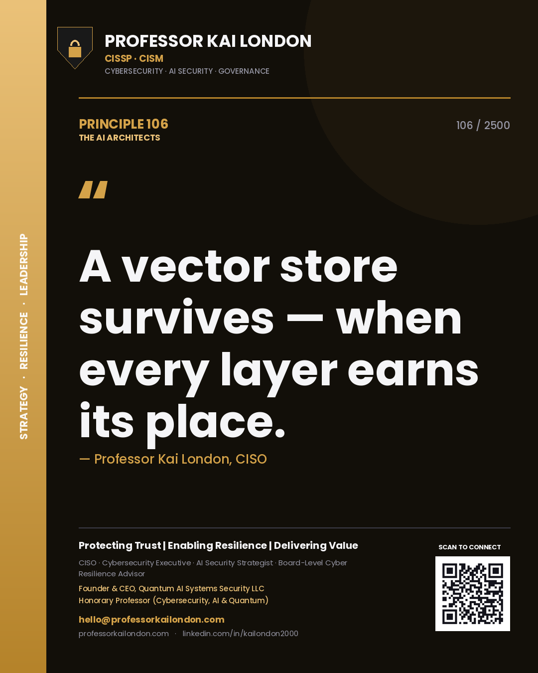 Quote card by Professor Kai London reading 'A vector store survives — when every layer earns its place.'. From the book The AI Architects.