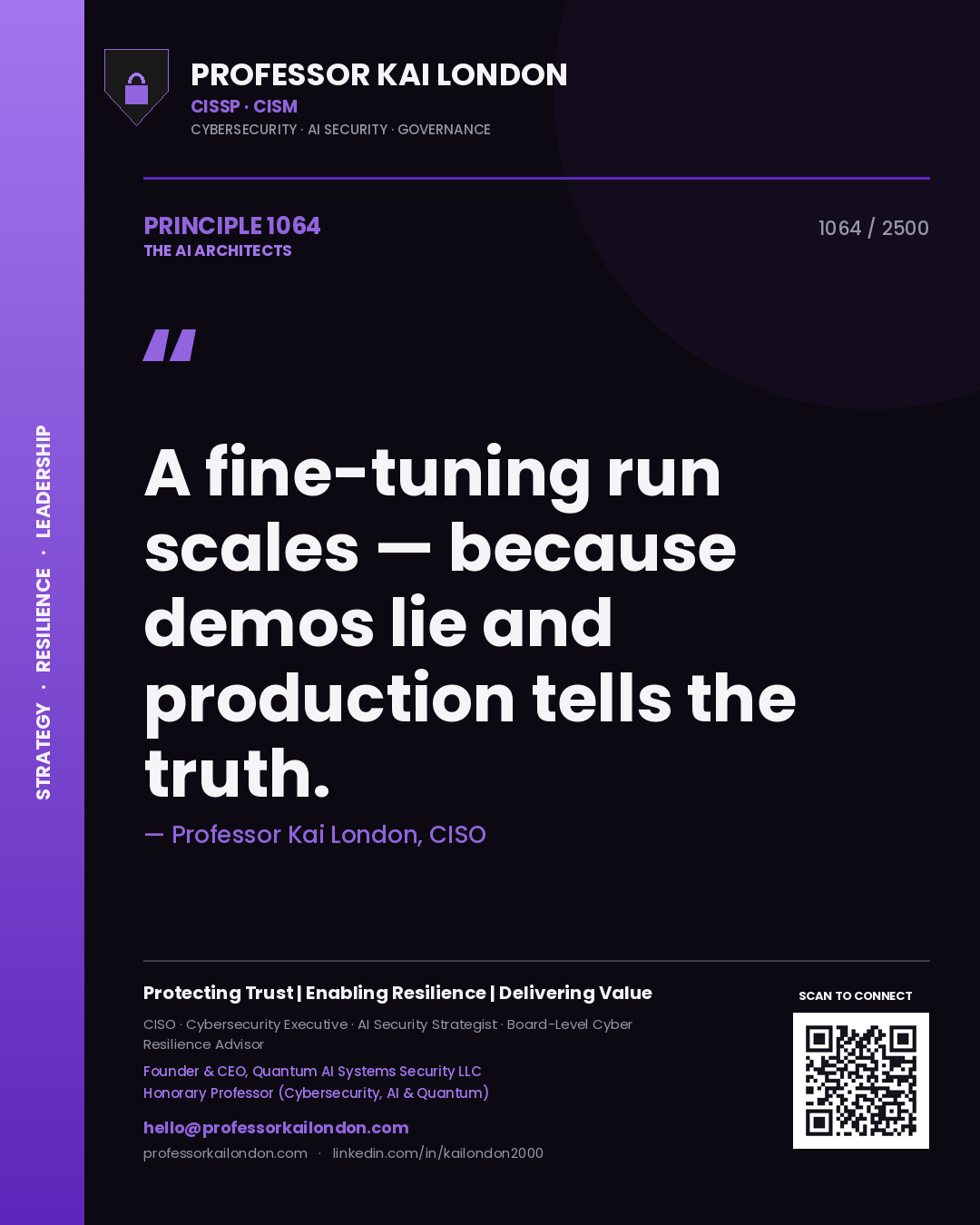 Quote card by Professor Kai London reading 'A fine-tuning run scales — because demos lie and production tells the truth.'. From the book The AI Architects.
