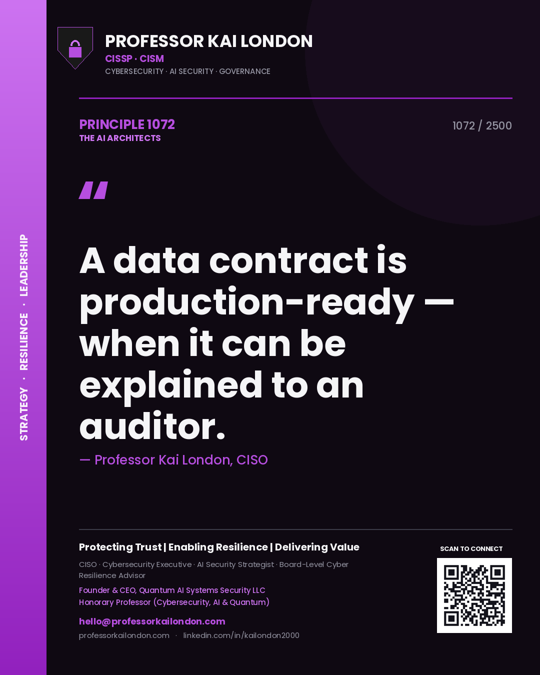 Quote card by Professor Kai London reading 'A data contract is production-ready — when it can be explained to an auditor.'. From the book The AI Architects.